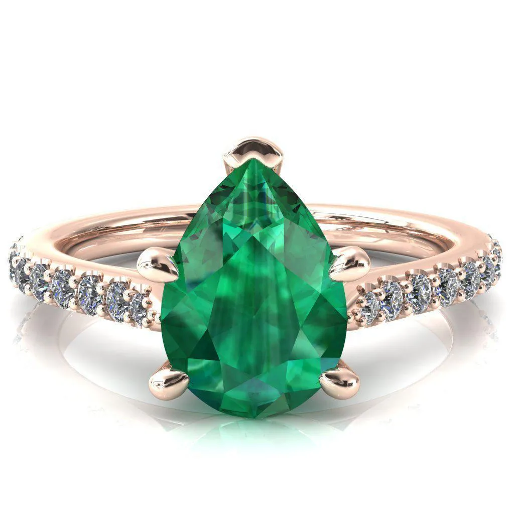 Kelsy Pear Emerald 5 Prong 3/4 Shared Scalloped Inverted Cathedral Ring