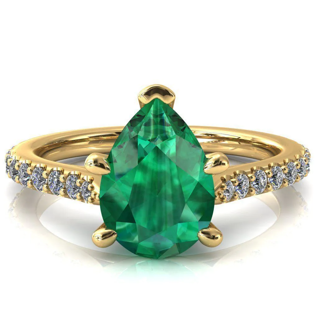 Kelsy Pear Emerald 5 Prong 3/4 Shared Scalloped Inverted Cathedral Ring