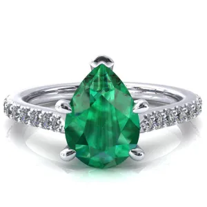Kelsy Pear Emerald 5 Prong 3/4 Shared Scalloped Inverted Cathedral Ring