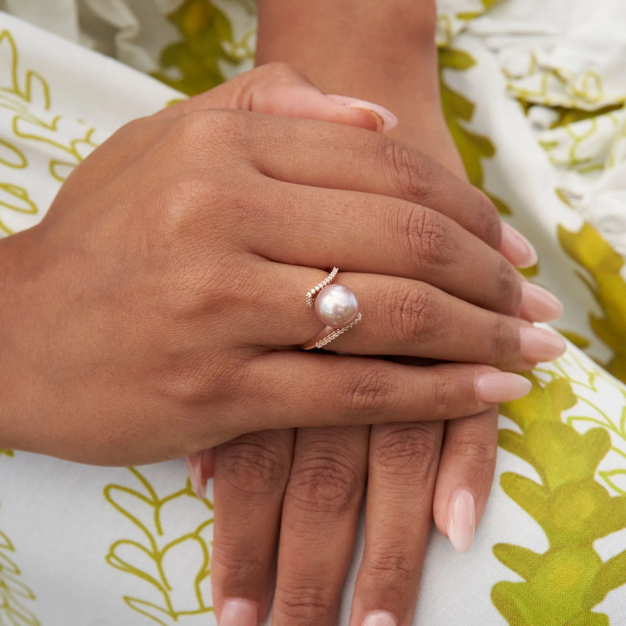 Lavender Freshwater Pearl Ring in Rose Gold with Diamonds - 9-10mm