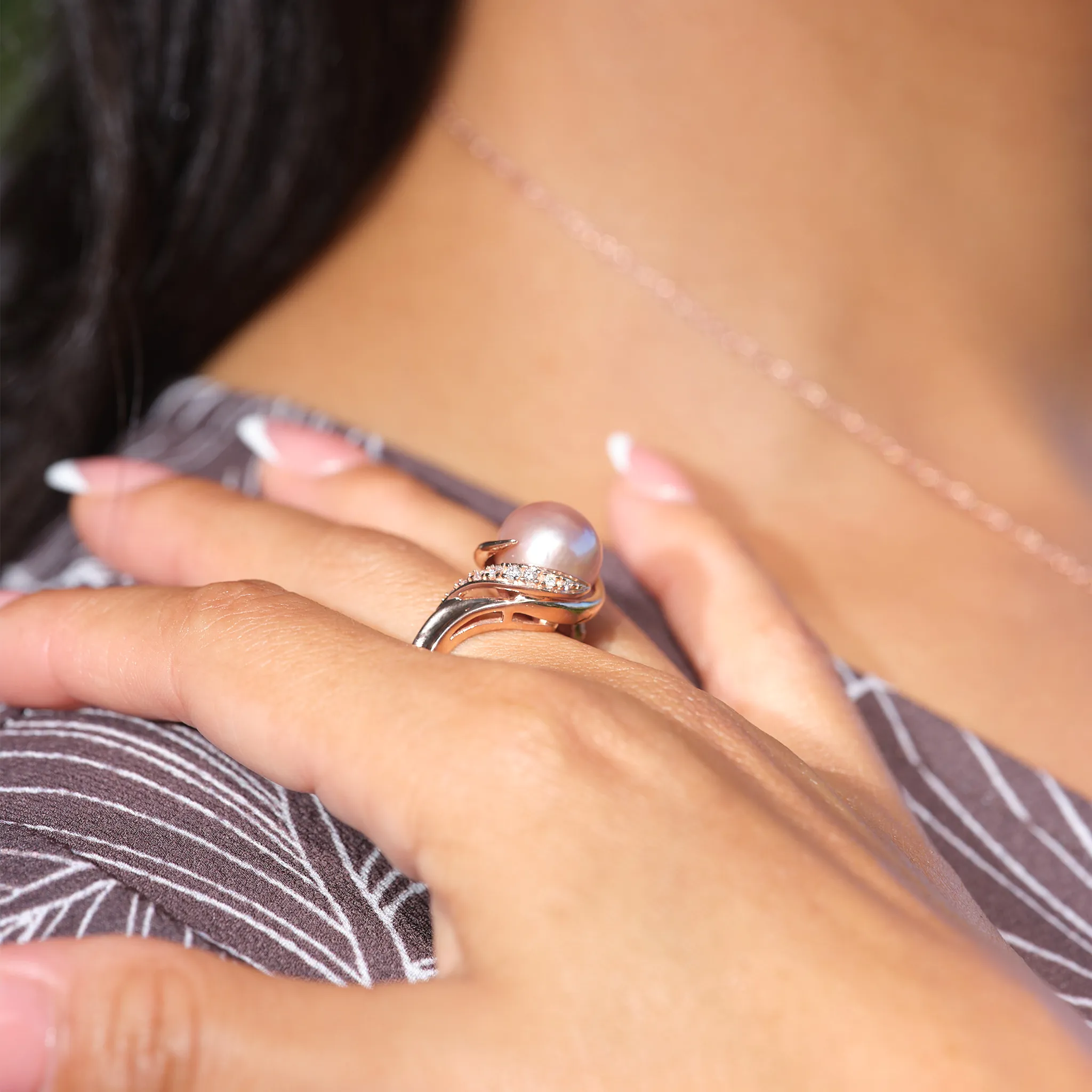 Lilac Freshwater Pearl Ring in Rose Gold with Diamonds - 12-13mm