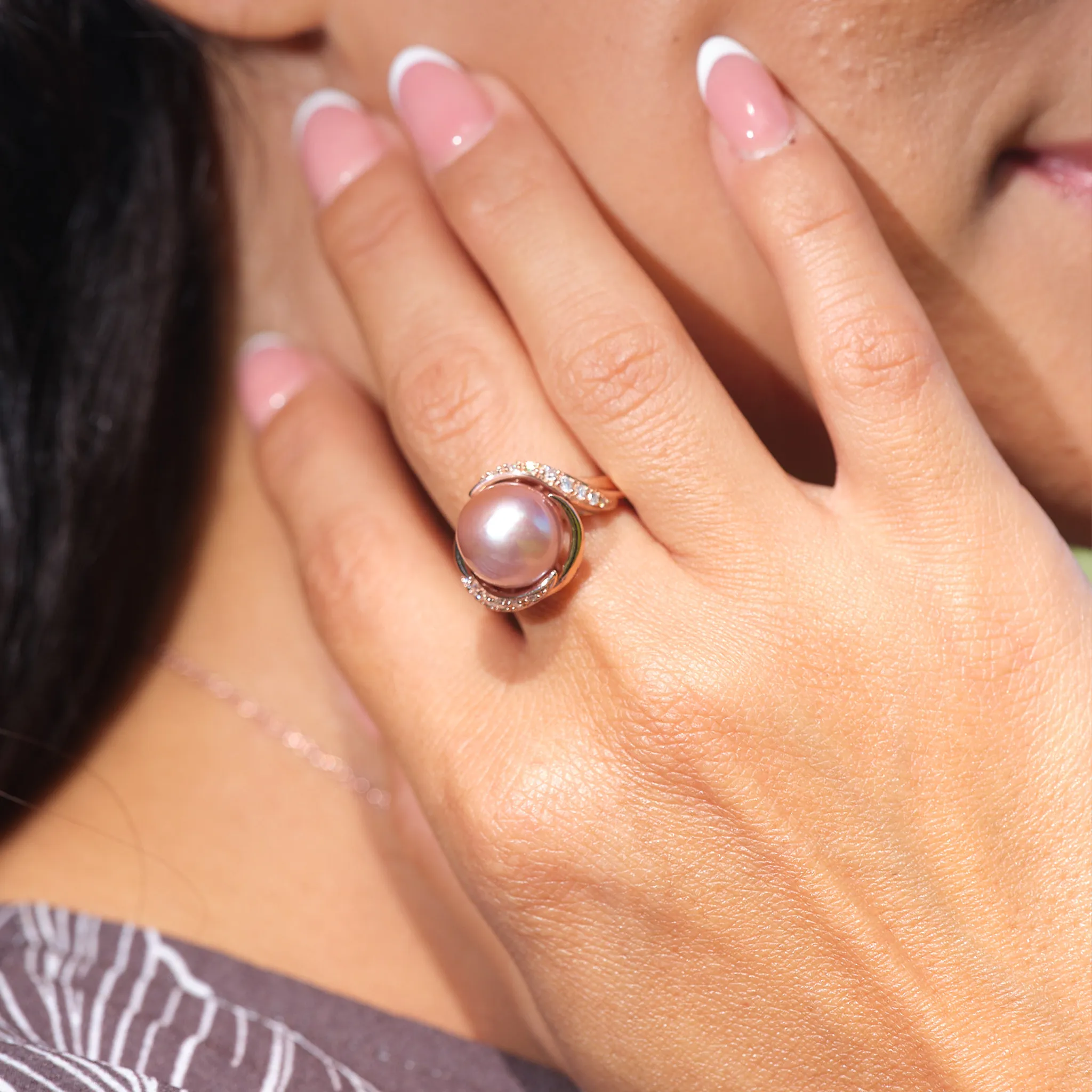 Lilac Freshwater Pearl Ring in Rose Gold with Diamonds - 12-13mm