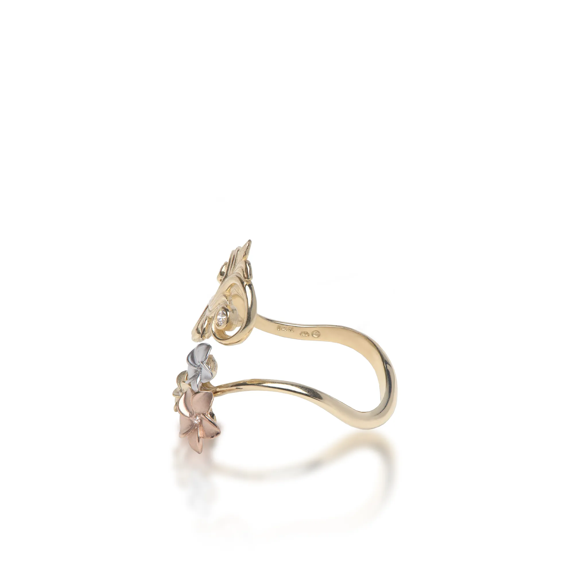 Living Heirloom Plumeria Ring in Tri Color Gold with Diamonds