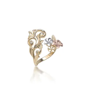 Living Heirloom Plumeria Ring in Tri Color Gold with Diamonds