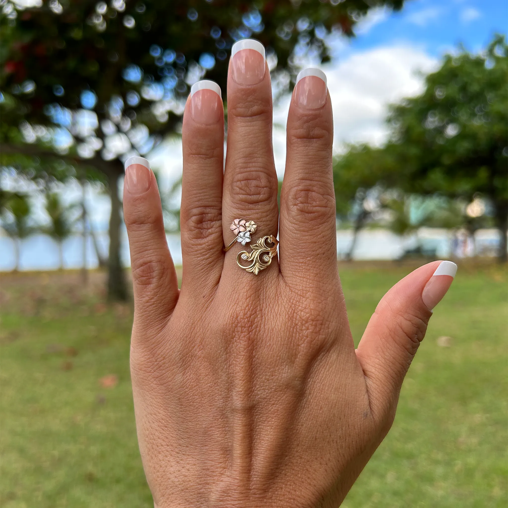 Living Heirloom Plumeria Ring in Tri Color Gold with Diamonds