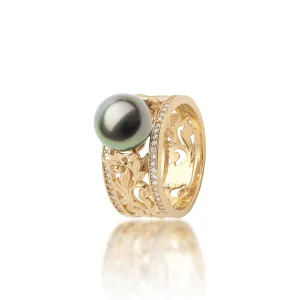 Living Heirloom Tahitian Black Pearl Ring in Gold with Diamonds - 10mm