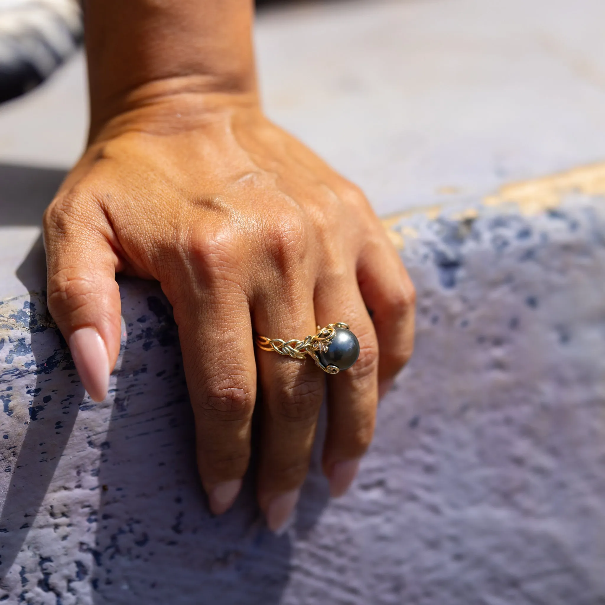 Living Heirloom Tahitian Black Pearl Ring in Gold with Diamonds - 12-13mm