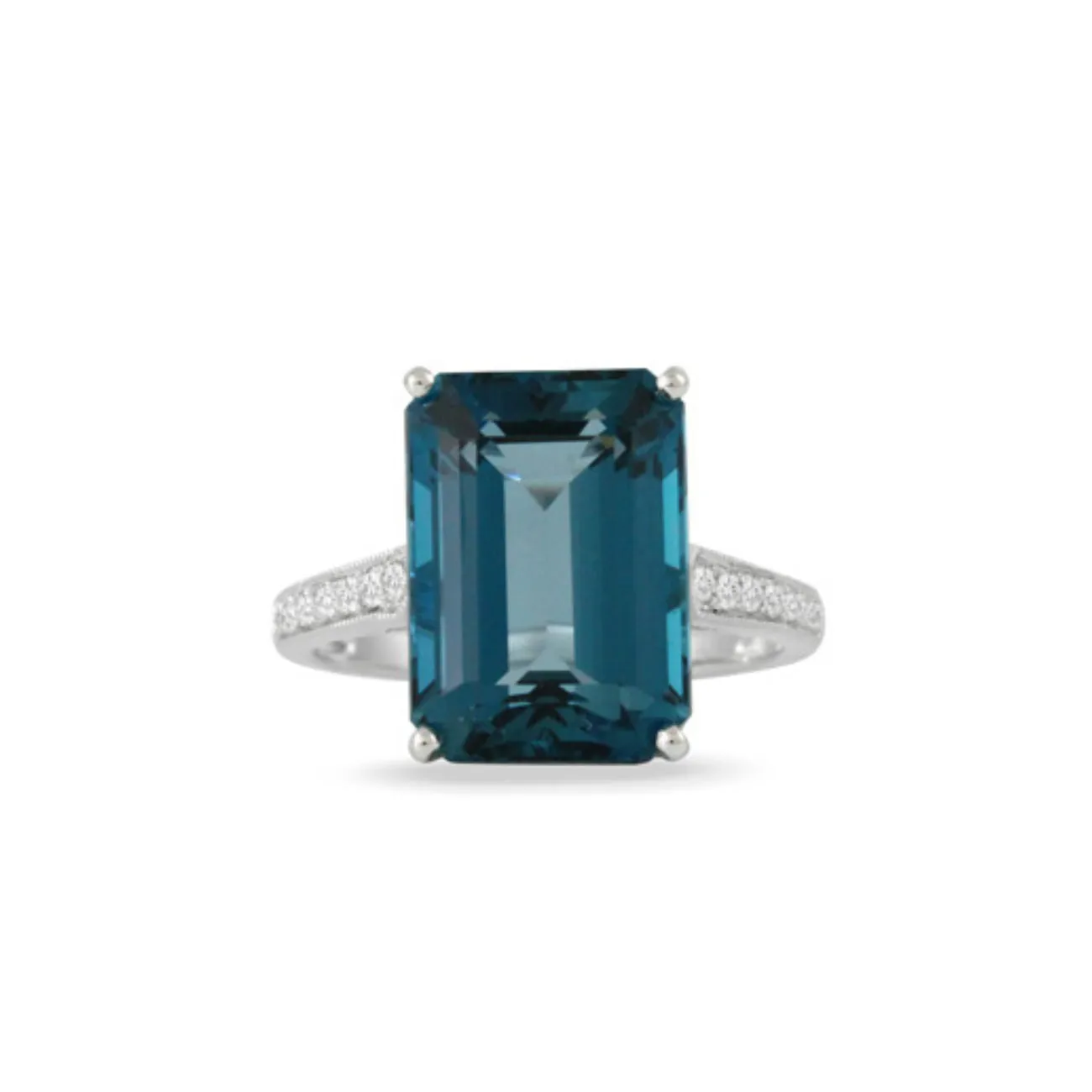 London Blue 18K White Gold Topaz Emerald Cut Center Diamond Pavé Ring
