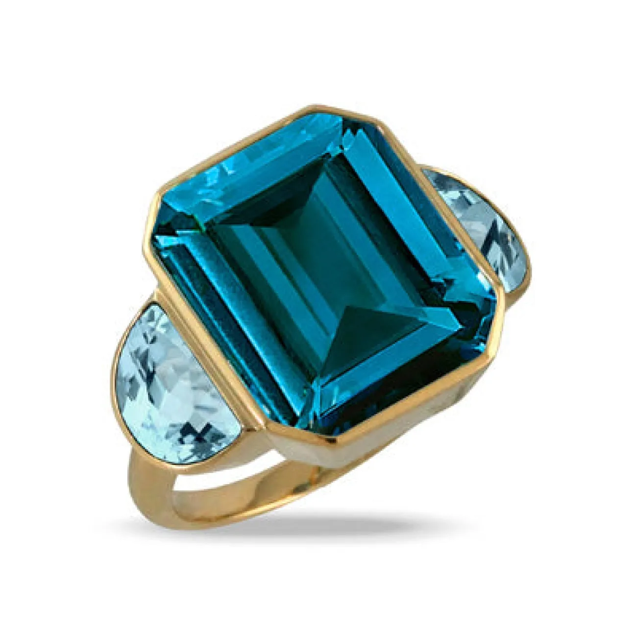 London Blue 18K Yellow Gold Topaz Center & Half Moon Topaz Sides Ring