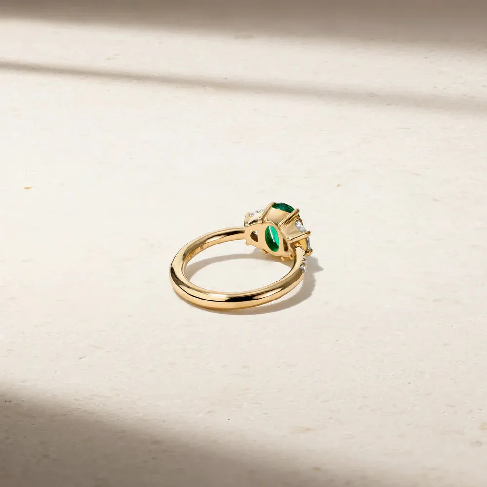 Mark Henry Nouveau Three Stone 18k Yellow Gold Oval Emerald and Diamond Ring