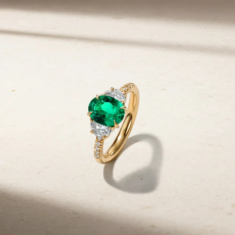 Mark Henry Nouveau Three Stone 18k Yellow Gold Oval Emerald and Diamond Ring