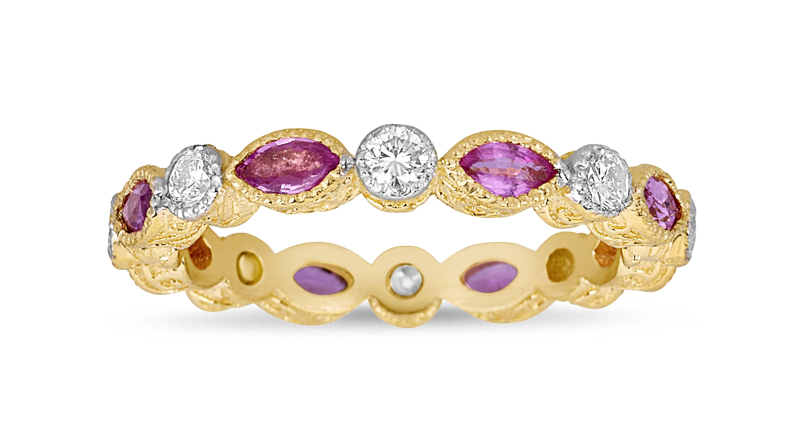 Marquise Pink Sapphire & Round Diamond Bezel Stack Ring