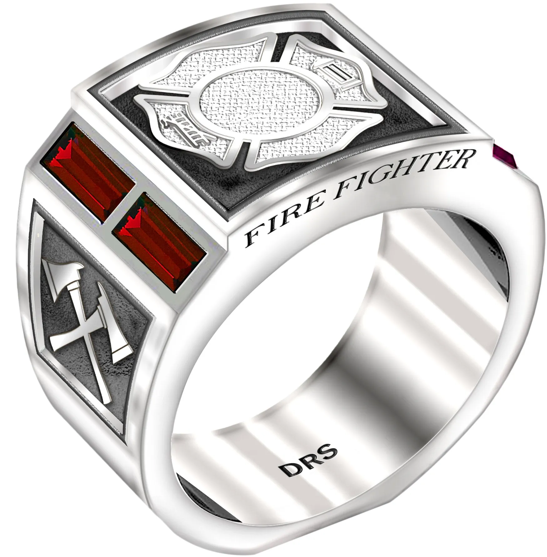 Men's 925 Sterling Silver Simulated Ruby Fire Fighter Ring