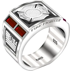 Men's 925 Sterling Silver Simulated Ruby Fire Fighter Ring
