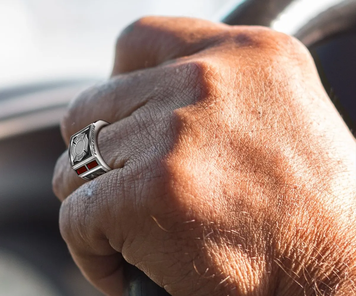 Men's 925 Sterling Silver Simulated Ruby Fire Fighter Ring