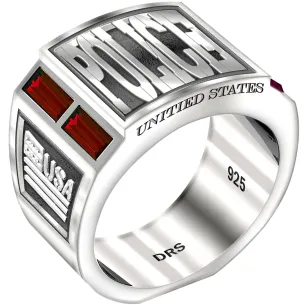 Men's 925 Sterling Silver Simulated Ruby Police Medical Ring
