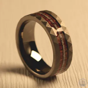 mens antler wedding rings with Koa wood inlay. Hammered surface (8mm Width, Comfort Fit)