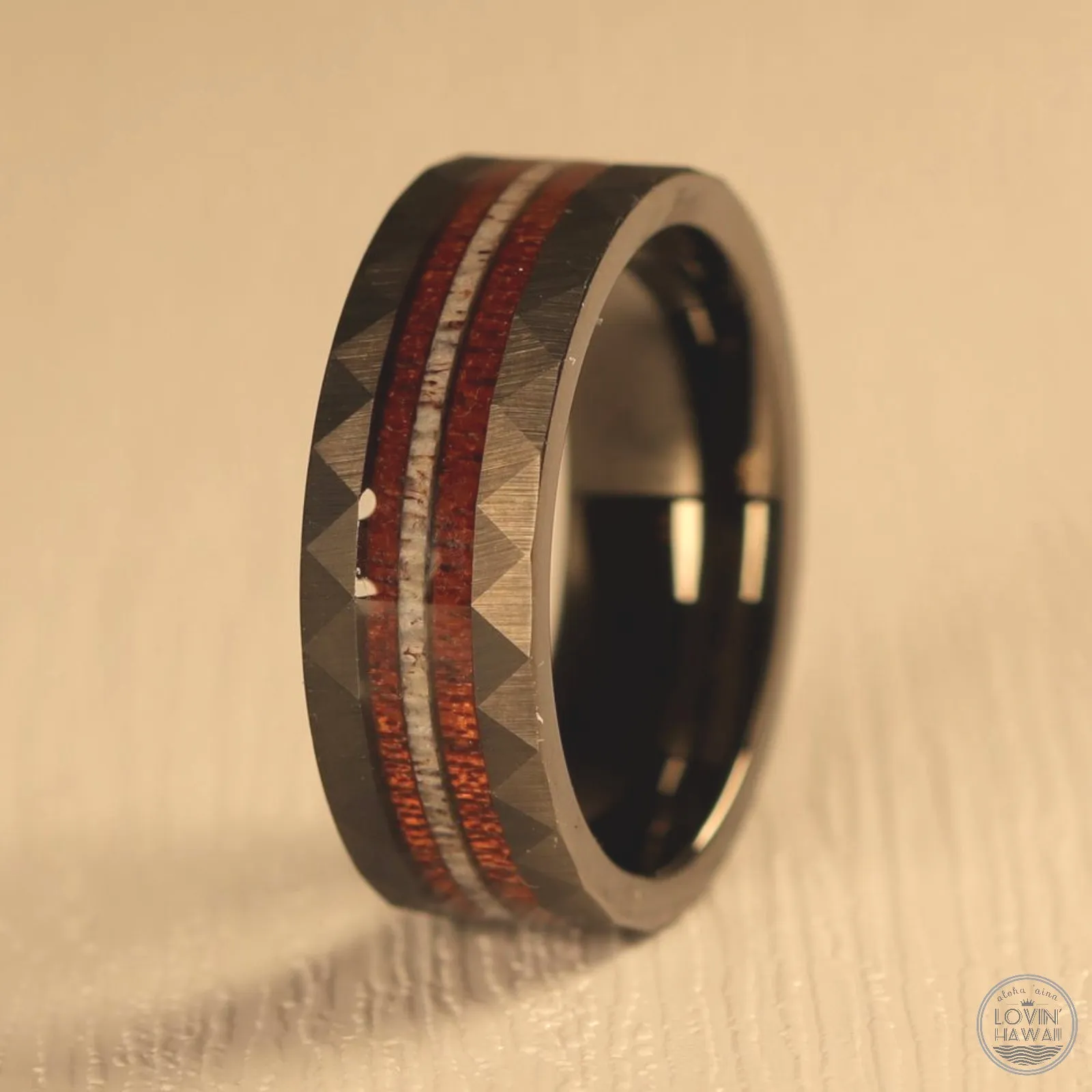 mens antler wedding rings with Koa wood inlay. Hammered surface (8mm Width, Comfort Fit)