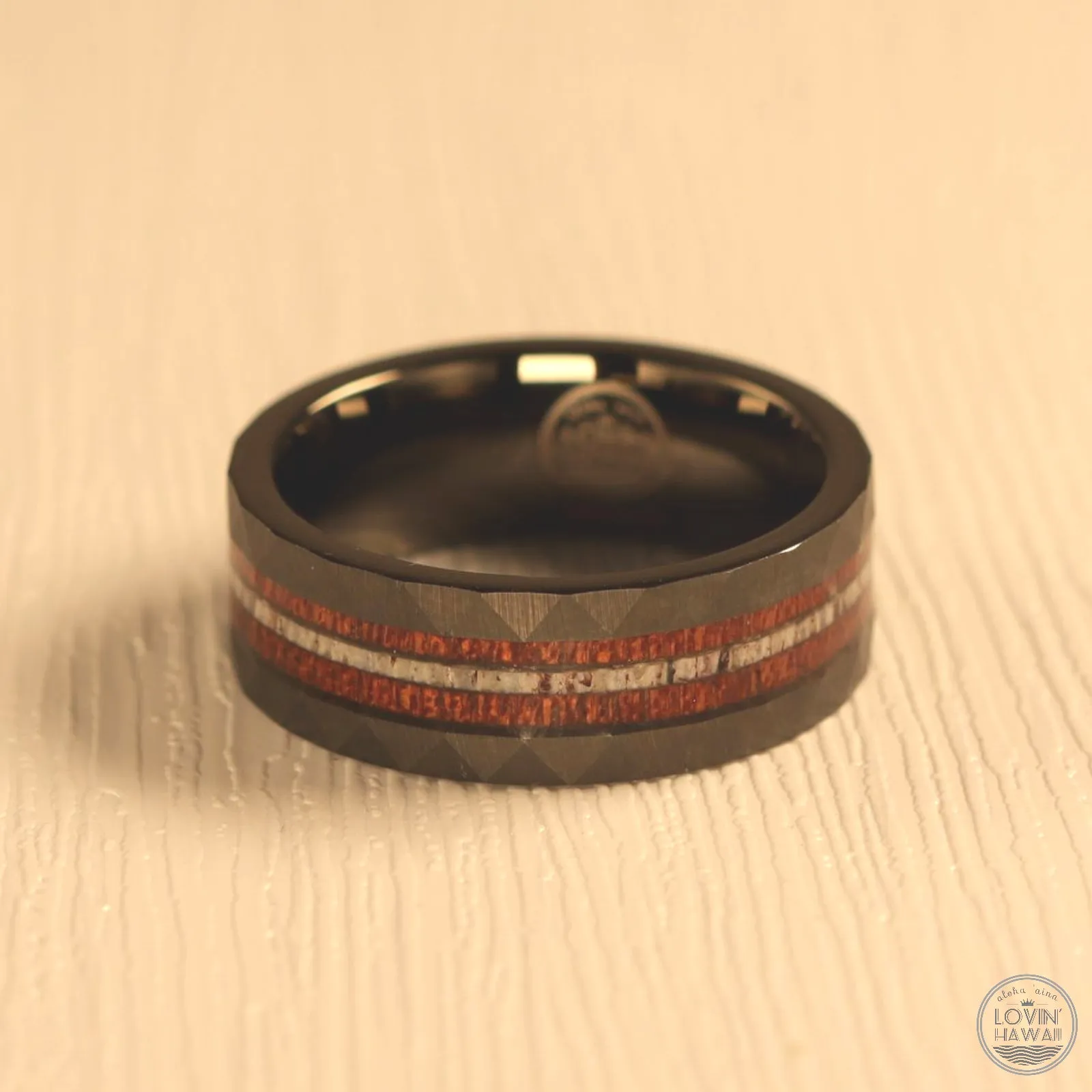 mens antler wedding rings with Koa wood inlay. Hammered surface (8mm Width, Comfort Fit)