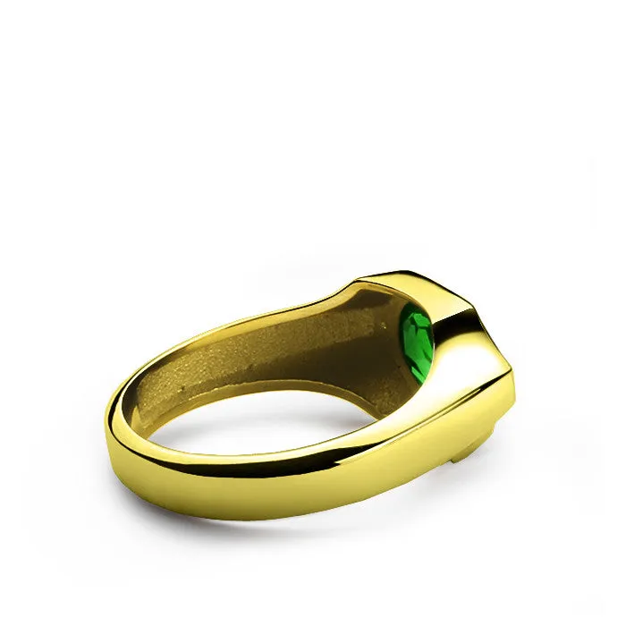 Men's Diamonds Ring with Green Emerald in 14k Yellow Gold