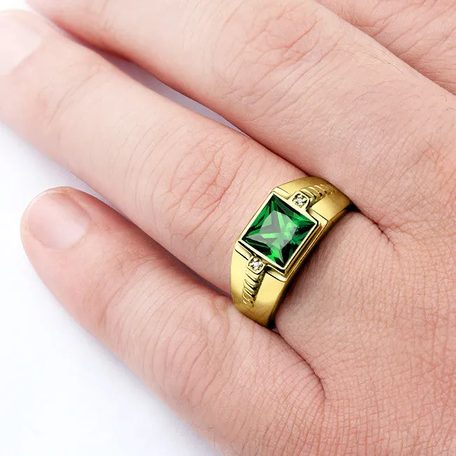Men's Green Emerald Gemstone and Natural Diamonds 14K Gold Ring