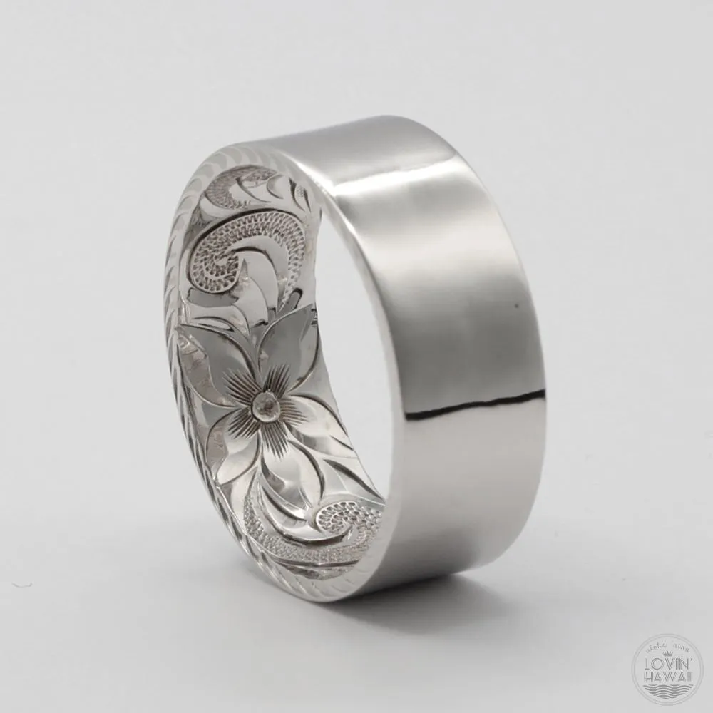 Mens Hawaiian Wedding Band in Solid 14K Gold, Hand Engraved Design (8mm Width, Flat Style)