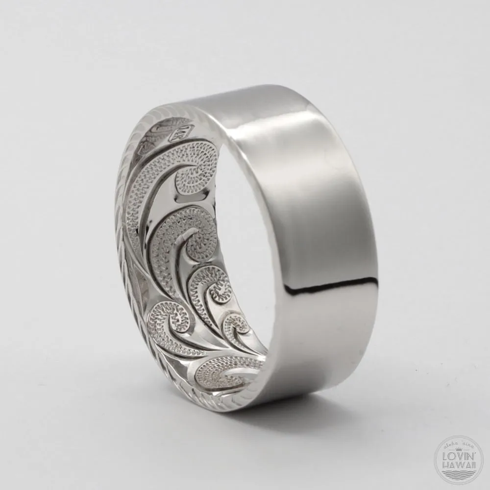 Mens Hawaiian Wedding Band in Solid 14K Gold, Hand Engraved Design (8mm Width, Flat Style)
