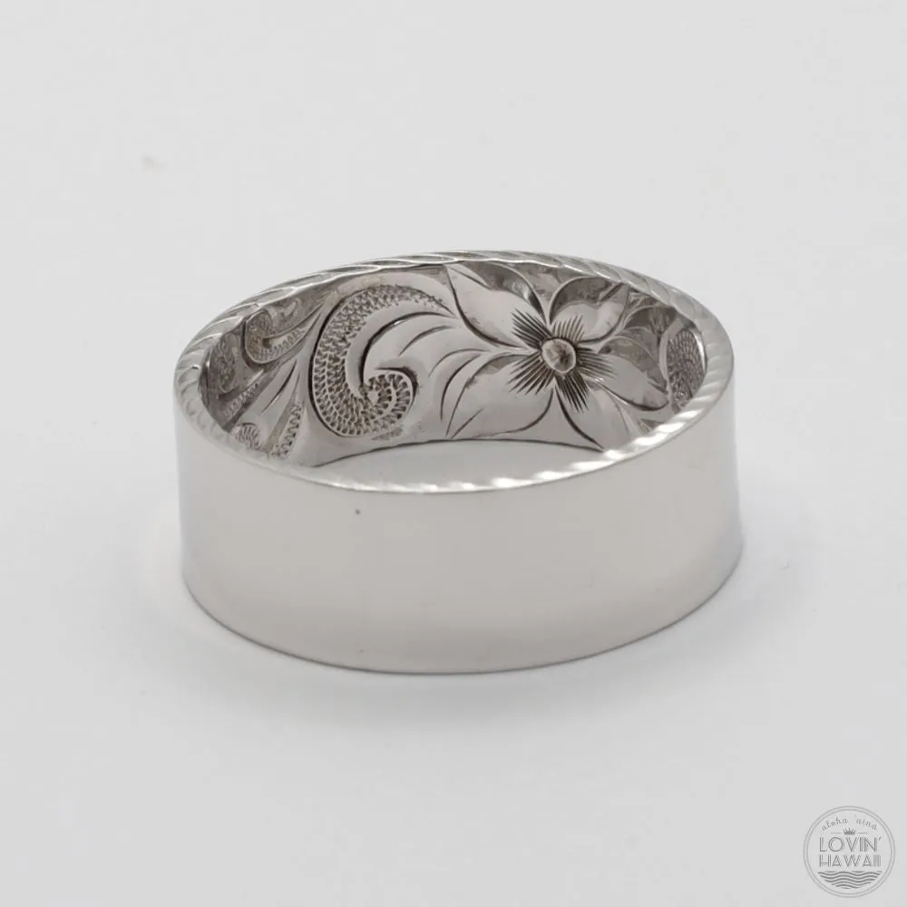 Mens Hawaiian Wedding Band in Solid 14K Gold, Hand Engraved Design (8mm Width, Flat Style)