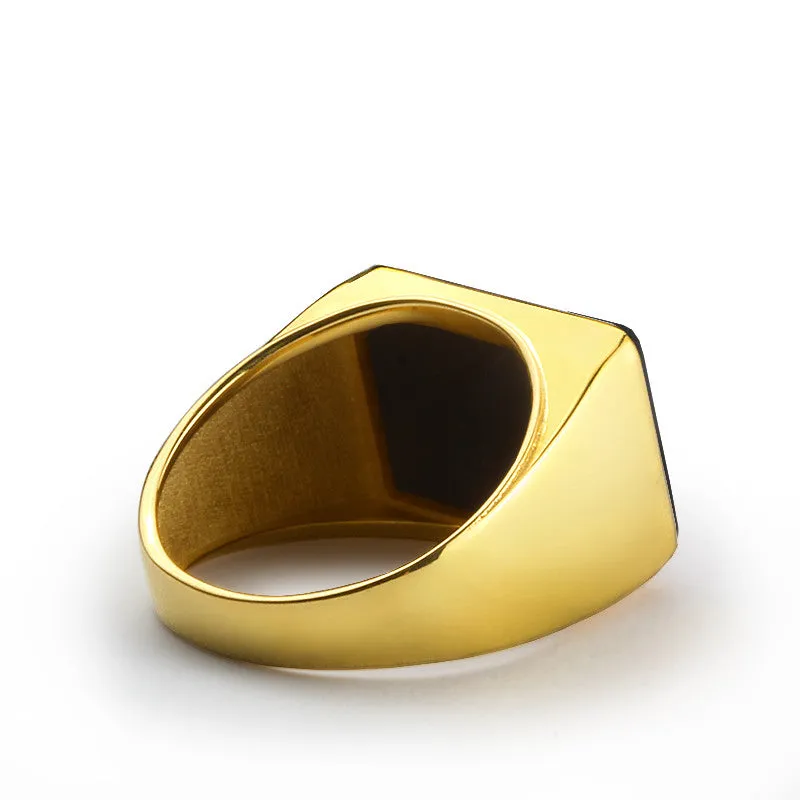 Men's Onyx Ring in 14k Yellow Gold, Natural Black Stone Ring for Men