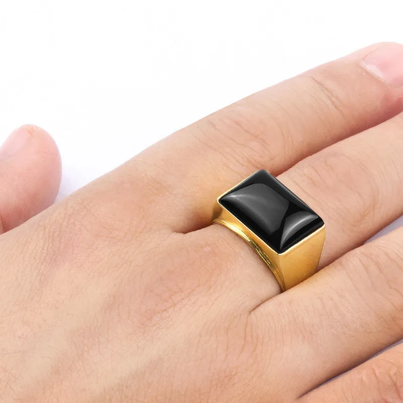 Men's Onyx Ring in 14k Yellow Gold, Natural Black Stone Ring for Men