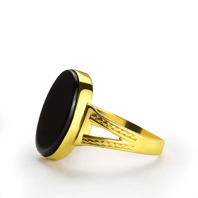 Men's Ring in 10k Yellow Gold with Natural Black Onyx Stone