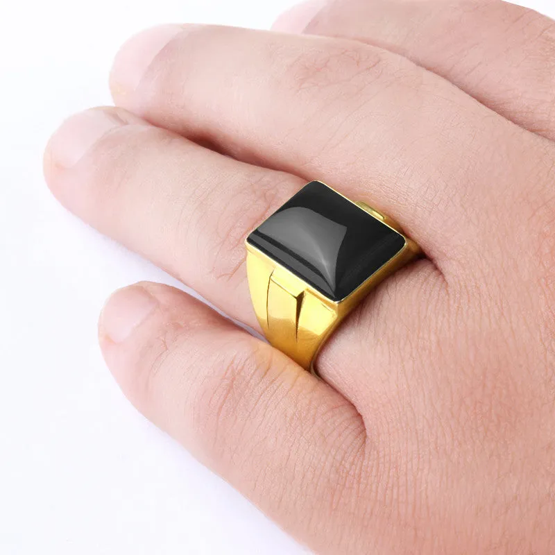 Men's Ring with Black Onyx in 14k Yellow Gold, Natural Stone Ring for Men