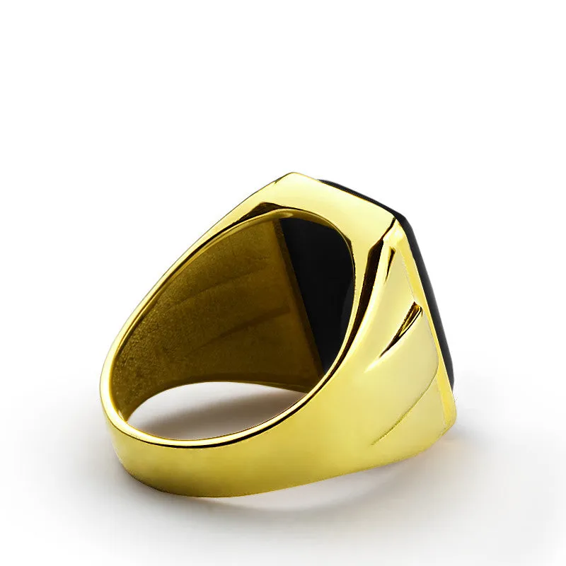 Men's Ring with Black Onyx in 14k Yellow Gold, Natural Stone Ring for Men