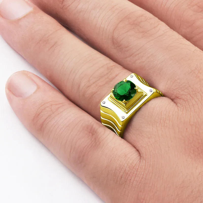Men's Ring with Emerald and Diamonds in 14k Yellow Gold