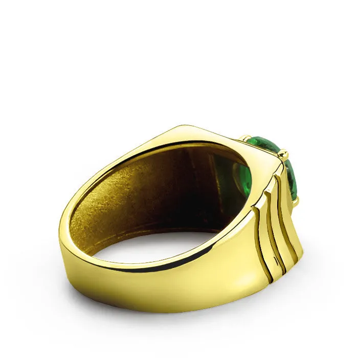 Men's Ring with Emerald and Diamonds in 14k Yellow Gold