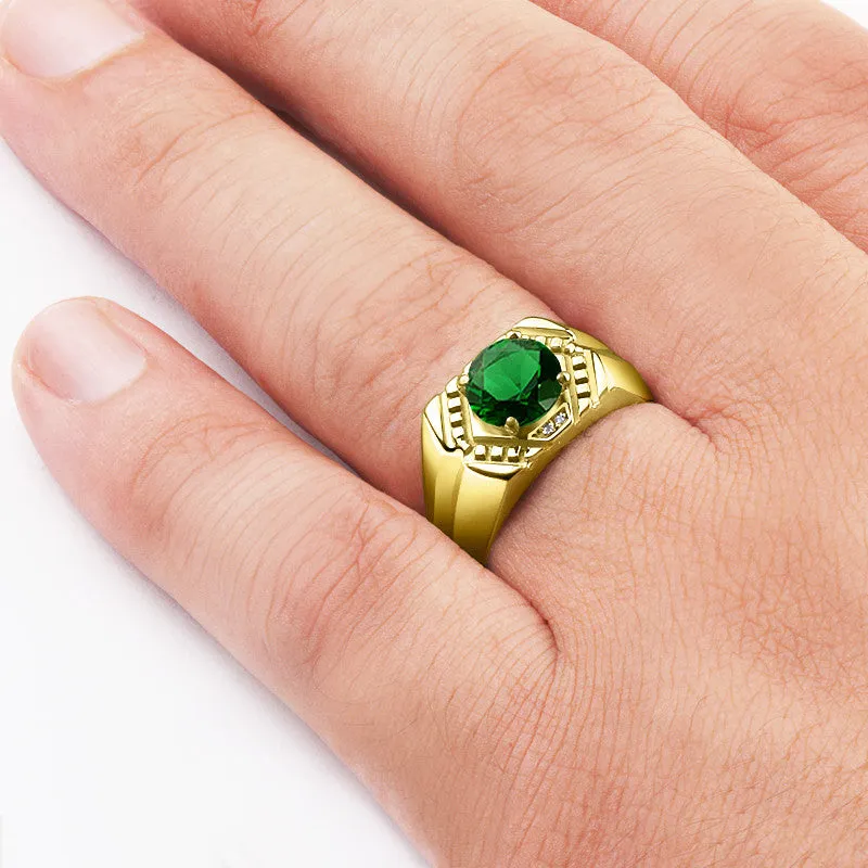 Men's Ring with Green Emerald and Diamonds in 14k Yellow Gold
