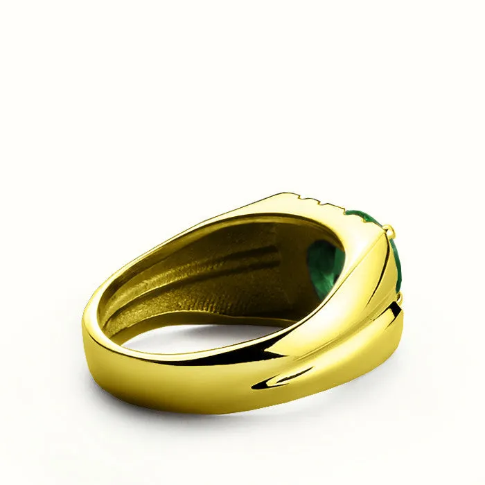 Men's Ring with Green Emerald and Diamonds in 14k Yellow Gold