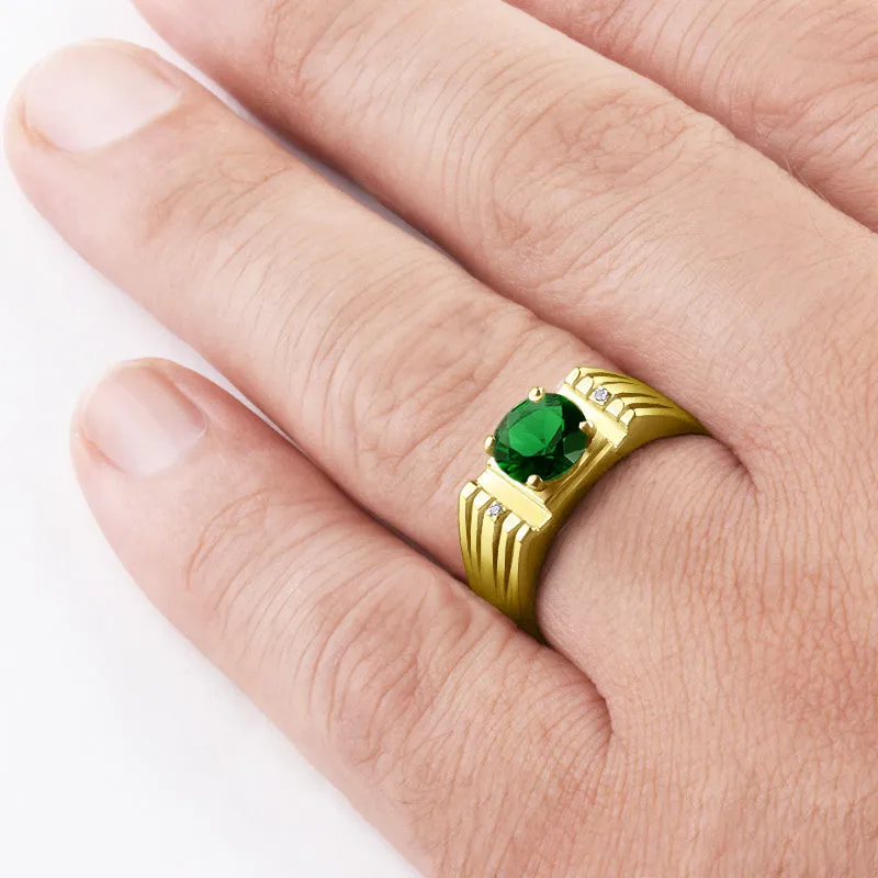 Men's Ring with Green Emerald and Natural Diamonds in 14k Yellow Gold