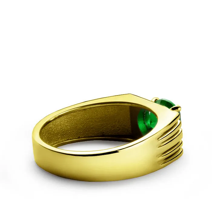 Men's Ring with Green Emerald and Natural Diamonds in 14k Yellow Gold