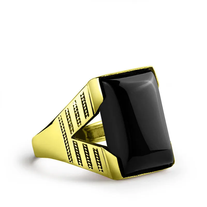 Men's Ring with Natural Black Onyx Gemstone in 14k Gold