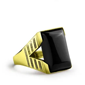 Men's Ring with Natural Black Onyx Gemstone in 14k Gold
