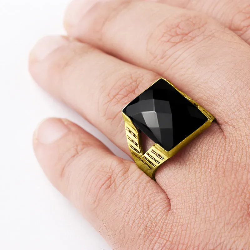 Men's Statement Ring in 10k Yellow Gold with Natural Black Onyx Stone
