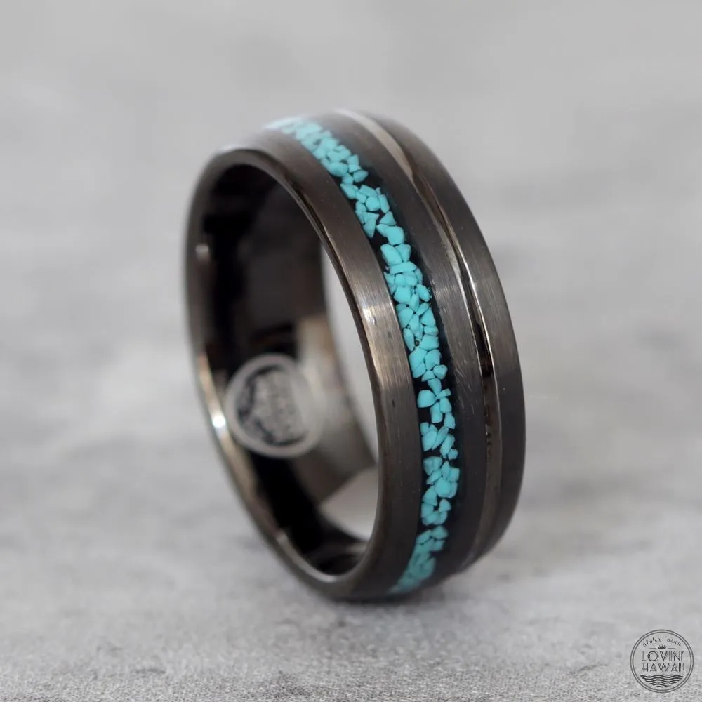 mens tungsten ring black gun metal with crushed turquoise inlay (8mm Width, Comfort Fit)