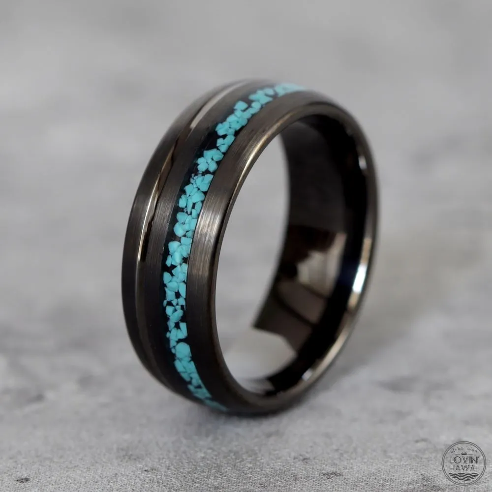 mens tungsten ring black gun metal with crushed turquoise inlay (8mm Width, Comfort Fit)