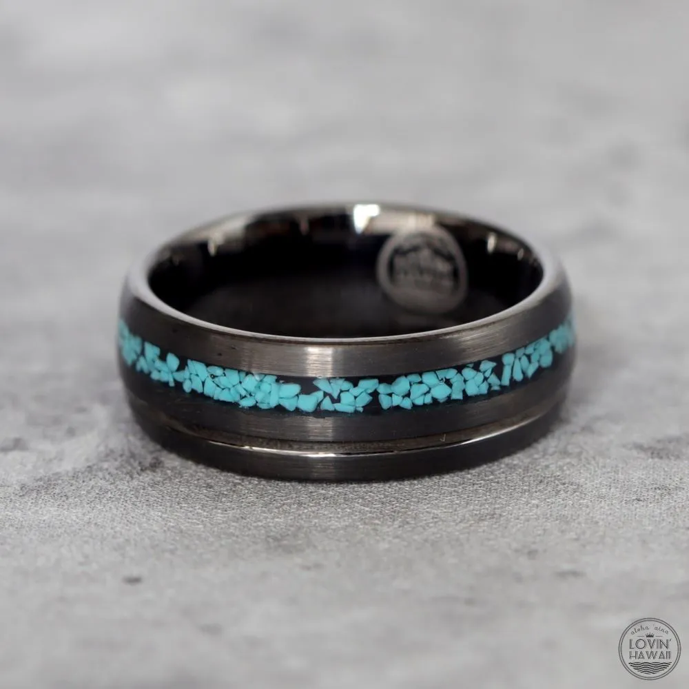mens tungsten ring black gun metal with crushed turquoise inlay (8mm Width, Comfort Fit)
