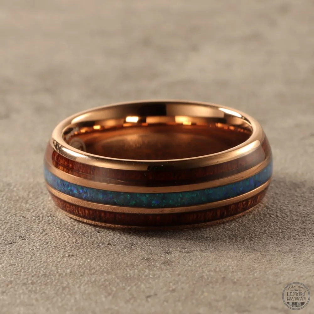 Mens Wedding Band Tungsten Rose Gold with Opal and Koa wood Inlay (8mm Width, Comfort Fit)