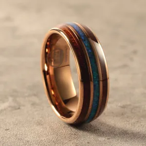 Mens Wedding Band Tungsten Rose Gold with Opal and Koa wood Inlay (8mm Width, Comfort Fit)