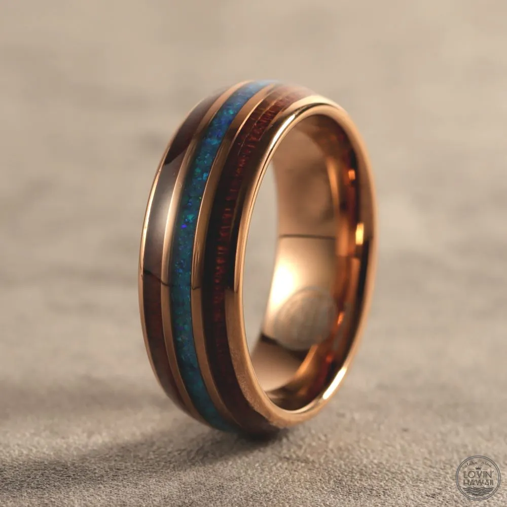 Mens Wedding Band Tungsten Rose Gold with Opal and Koa wood Inlay (8mm Width, Comfort Fit)