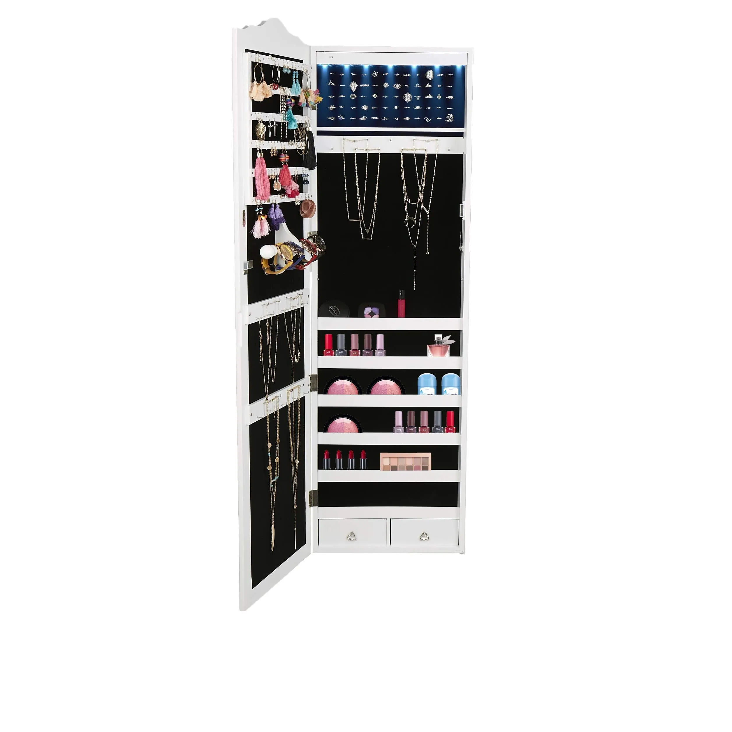 Mind Reader HMLED14-WHT Hanging Cabinet, 14 LED Lights, Wall Mounted Jewelry Armoire Organizer with Mirror 2 Drawers, Necklaces, Rings, Earrings, Bracelets, White