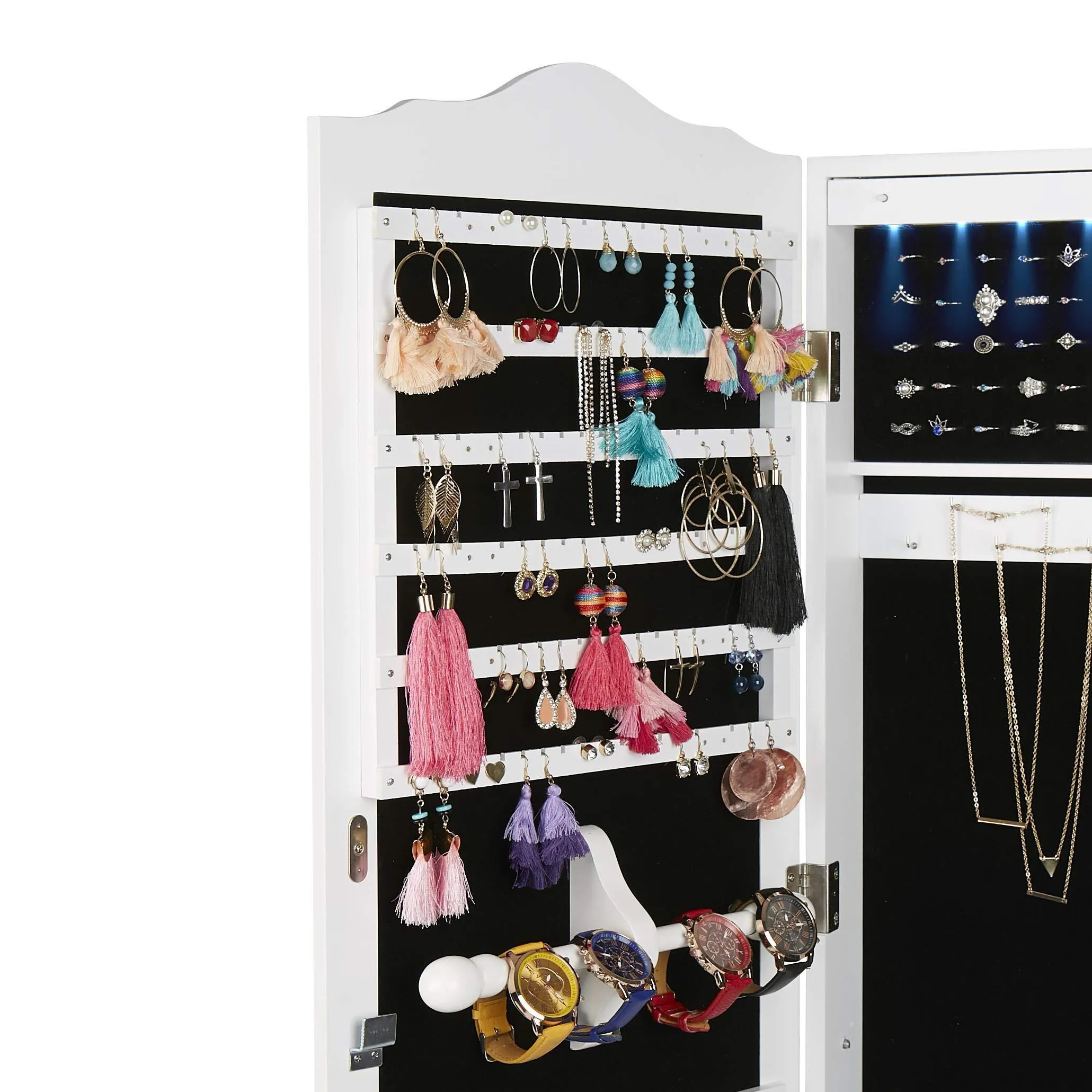 Mind Reader HMLED14-WHT Hanging Cabinet, 14 LED Lights, Wall Mounted Jewelry Armoire Organizer with Mirror 2 Drawers, Necklaces, Rings, Earrings, Bracelets, White